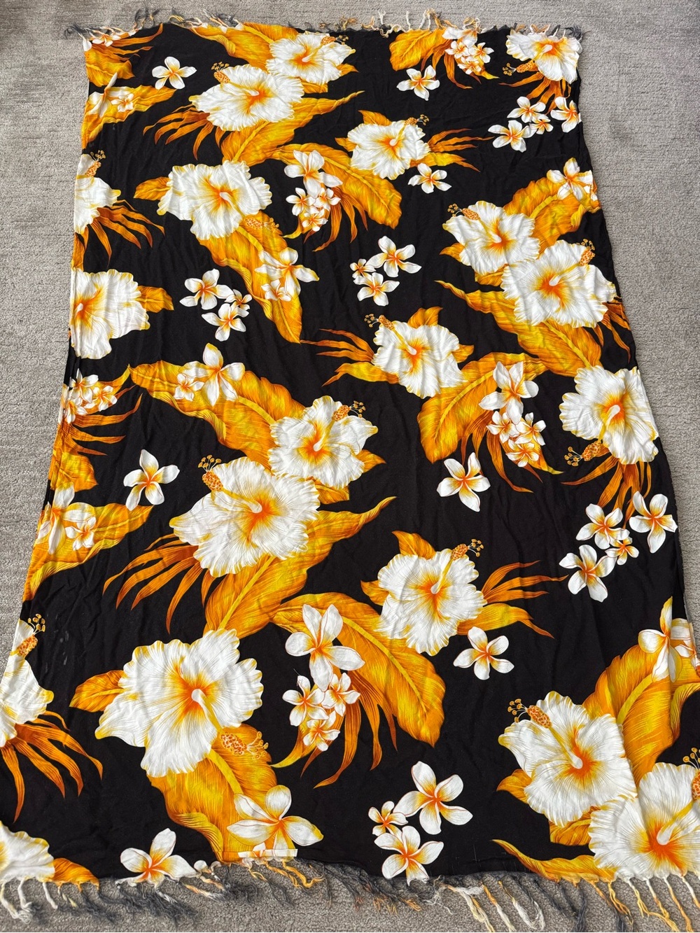 Vintage Hawaii Floral Sarong Beach Cover Up Wrap Black Yellow White Fringe - Picture 2 of 4